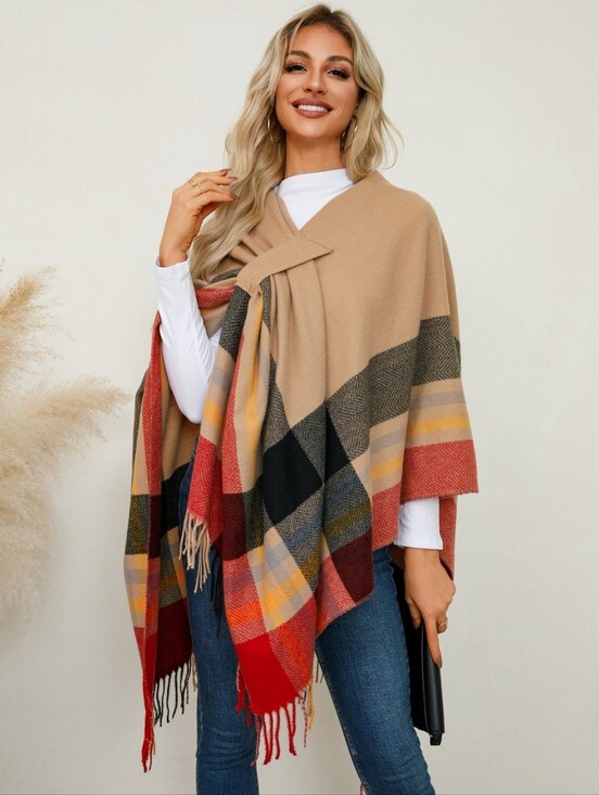 Lovely Rosetta Jackets & Blazers - Beige Plaid Fringe Poncho Wrap